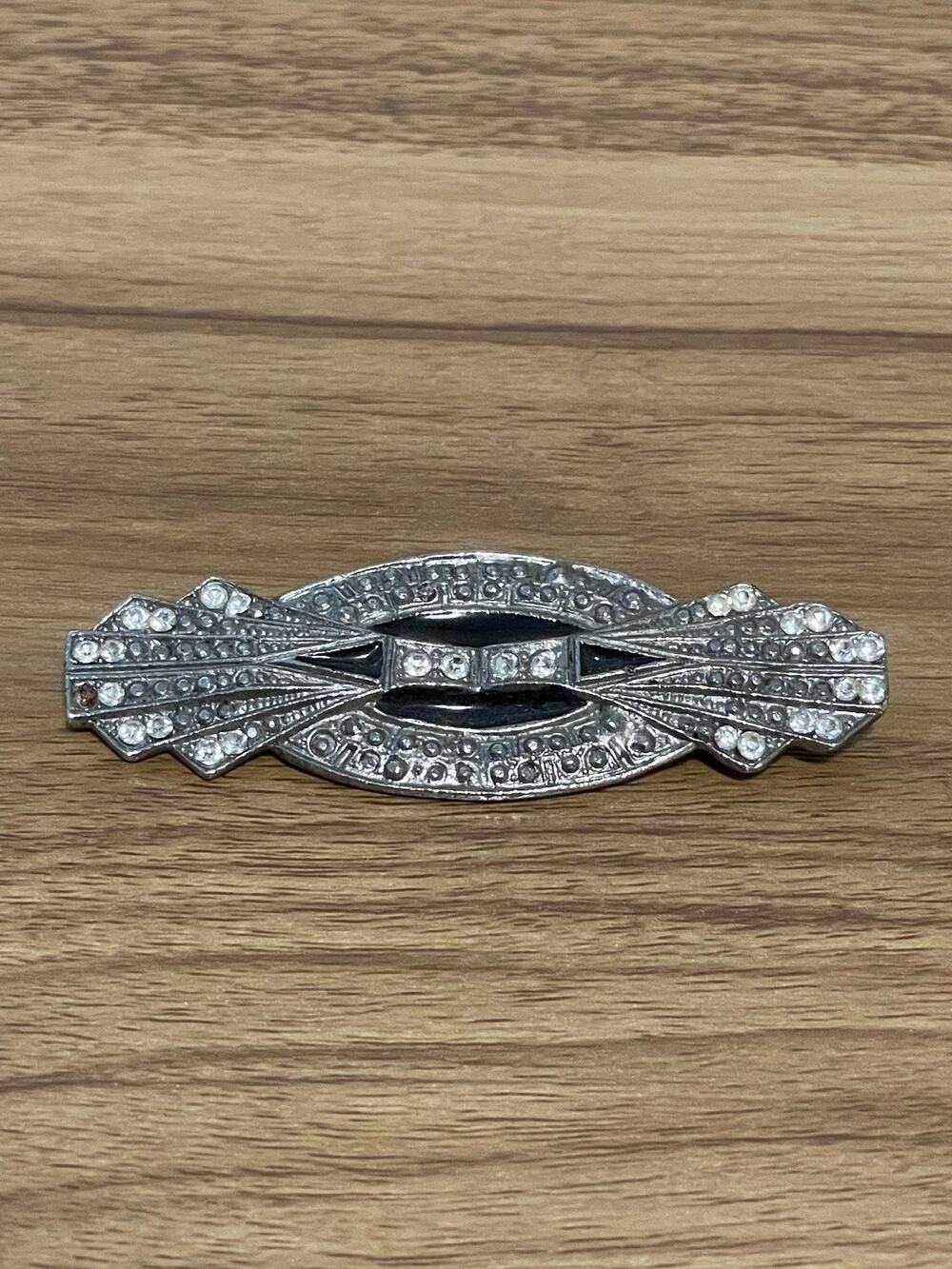 Vintage Silver Art Deco Rhinestone Black Enamel Brooch Lapel Pin Retro 3in READ